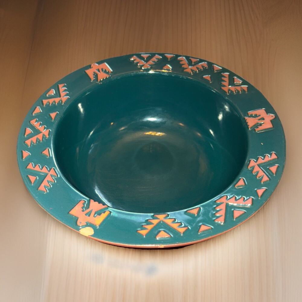 Frankoma Thunderbird Design Large Bowl 10 1/2" Diameter 4" Deep Forest Green